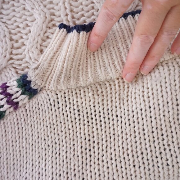 VTG Jamie Scott Cream Navy Cable Knit Fair Isle Sweater Old Money Cabincore M - Picture 9 of 9
